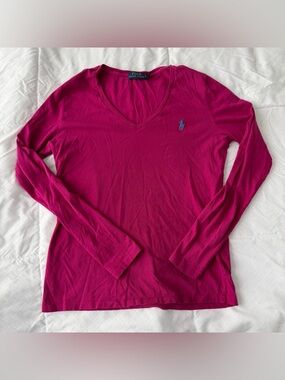 Polo Ralph Lauren Women’s V Neck Long Sleeve Top M Fuschia Pink Pony Logo Preppy